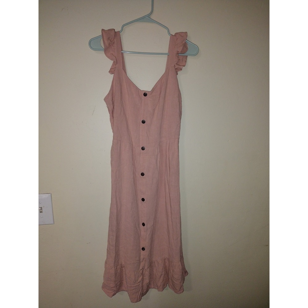 Monteau Los Angeles Pink Linen Blend Ruffle Button Front Midi Dress Womens M